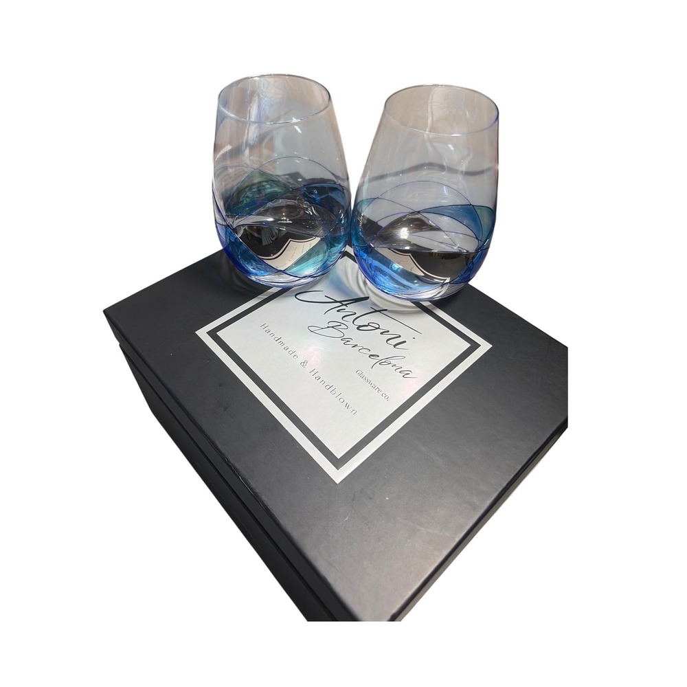 Antoni Barcelona Stemless Wine Glasses Set of 2 Blue Teal Handmade Glassware